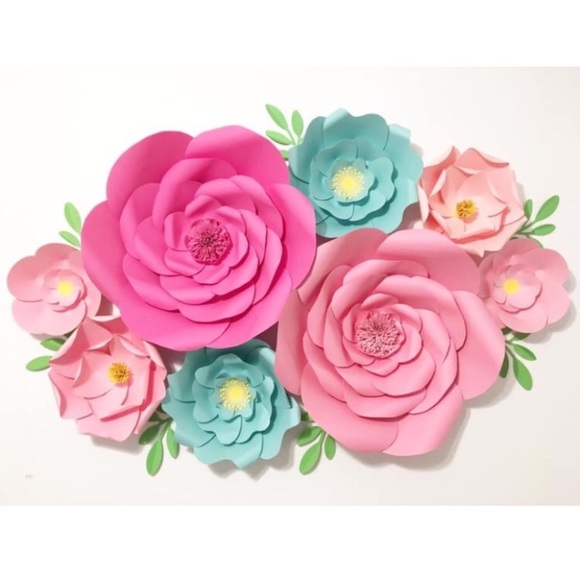 Hot Pink, Blush Pink, Teal Paper Flowers | 8pc set